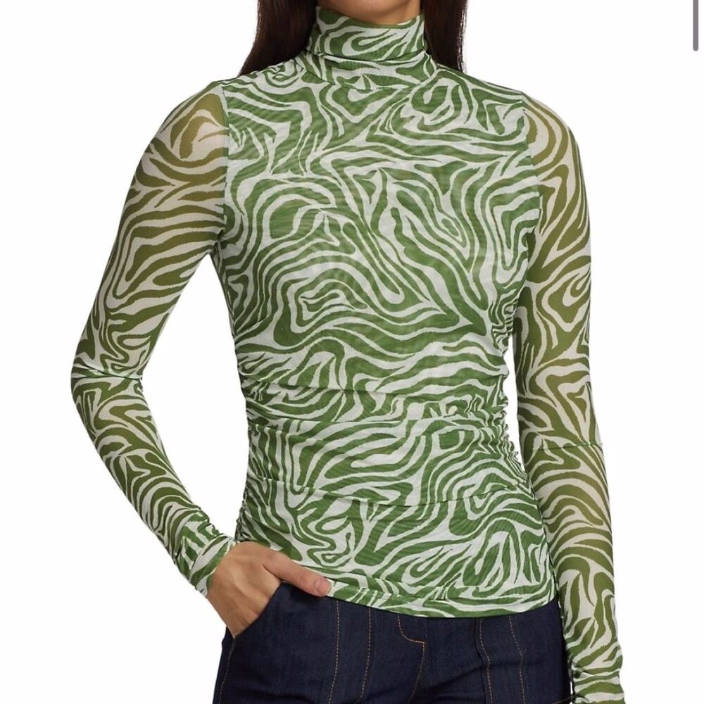 Cinq à Sept Woodblock Zebra Shirred Green White Mesh Turtleneck Women's Size XS
